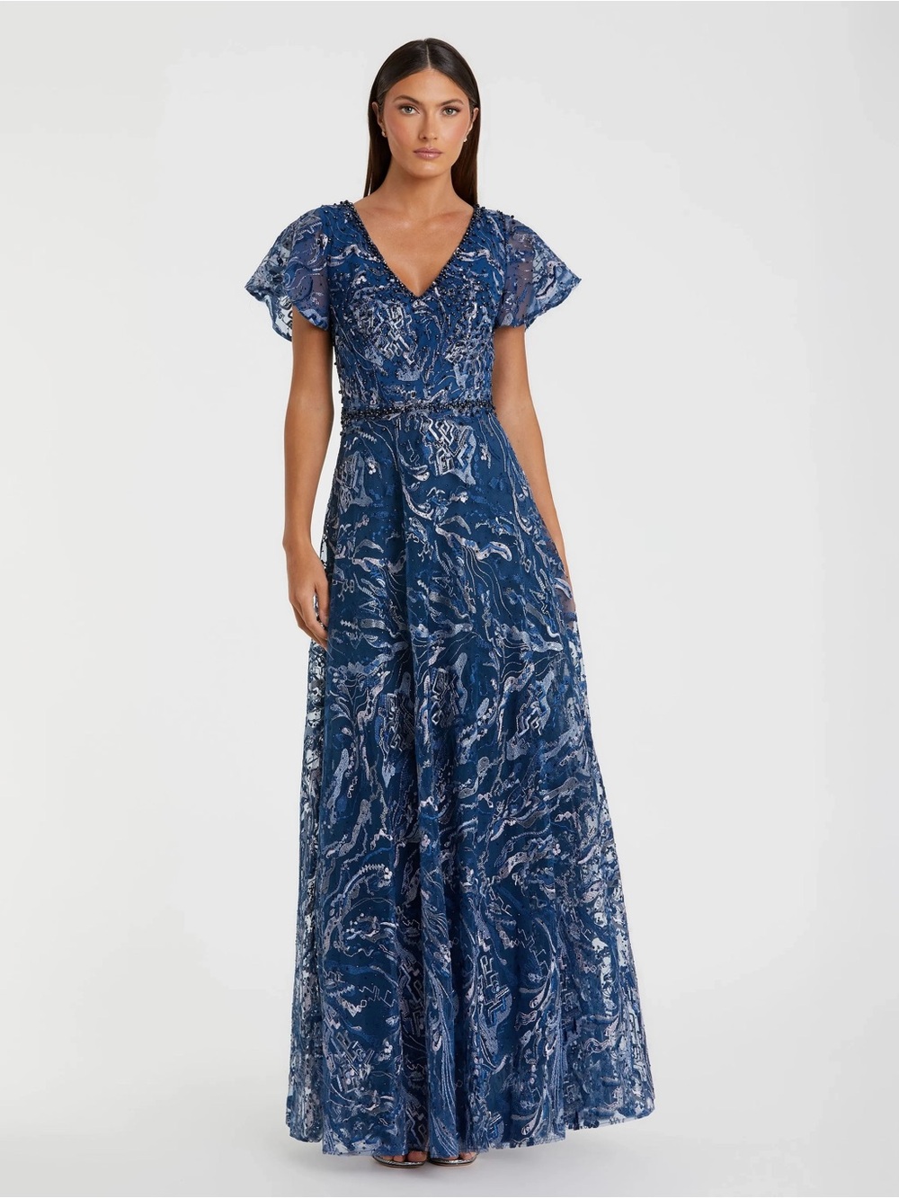 Mac Duggal Embellished Illusion Butterfly Sleeve A-Line Gown in Navy